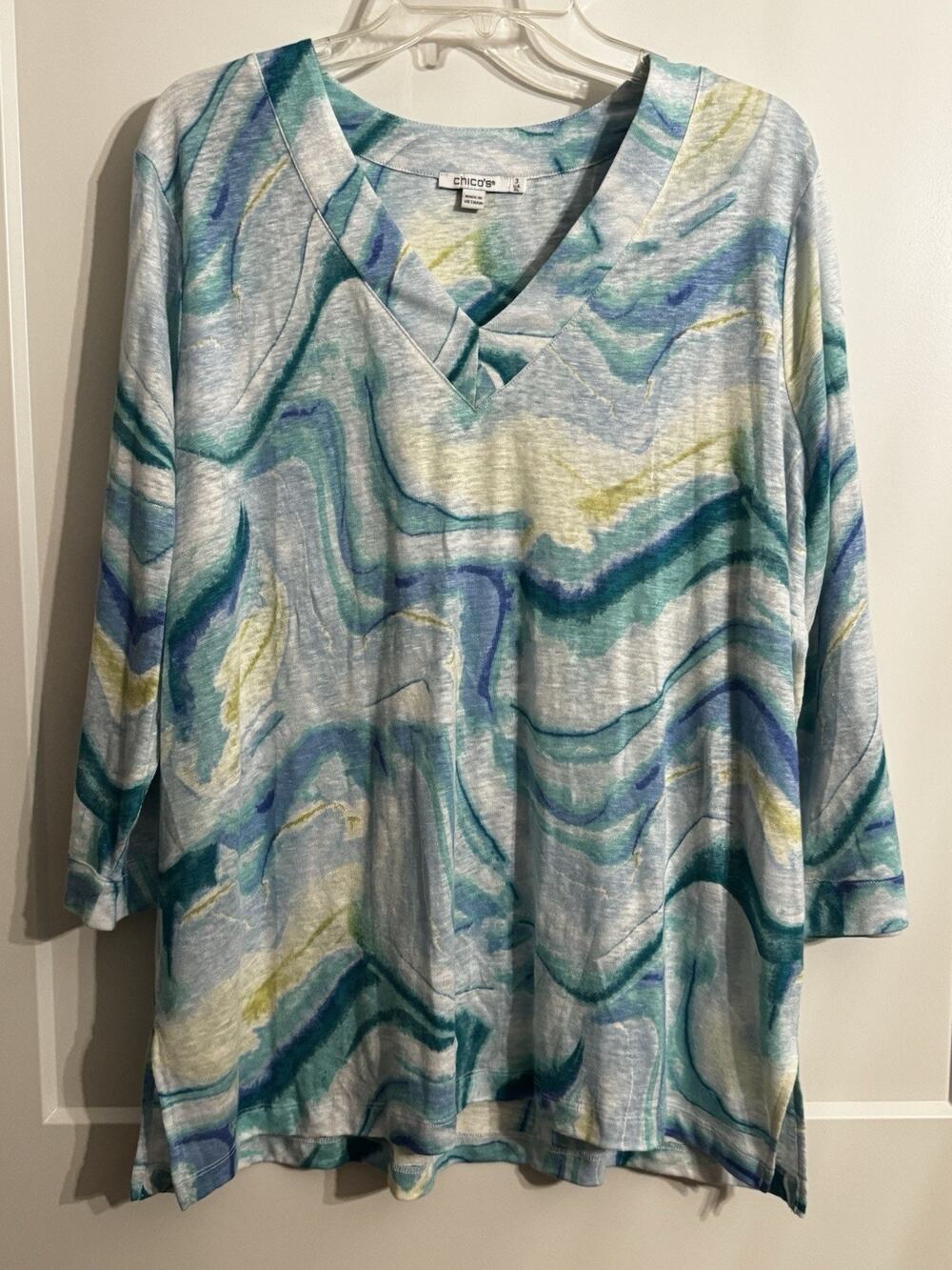 Chico's Linen Blue Marble Print Beachy Coastal Boho Chic Tunic Top Sz 3 US XL